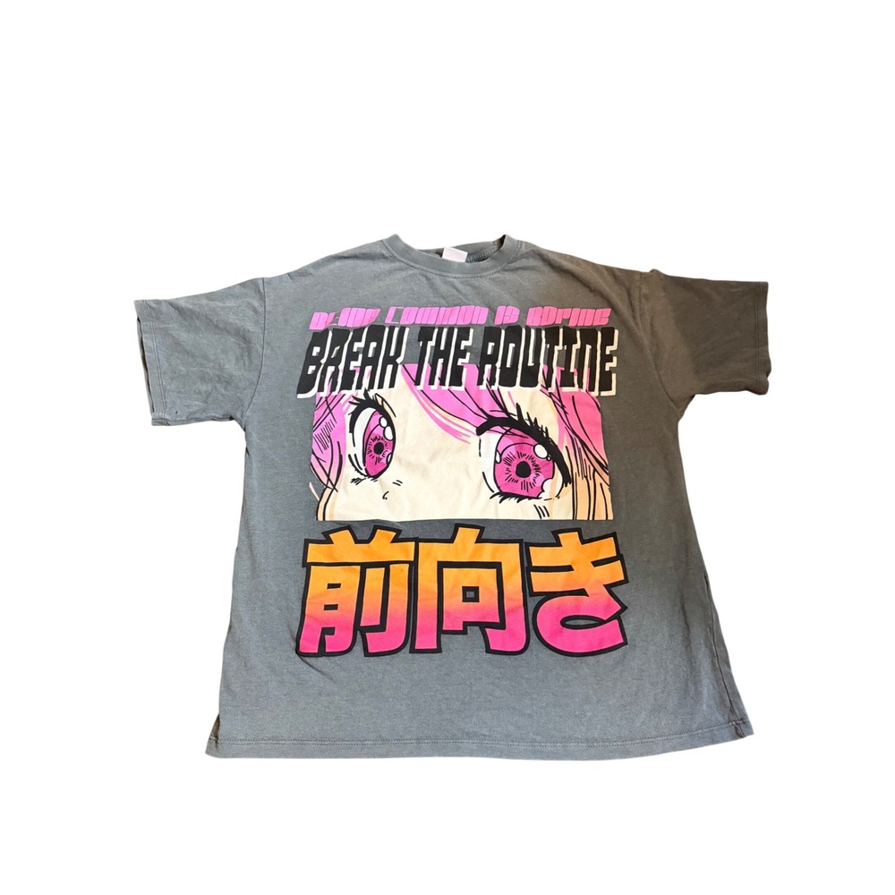 Zara Kids Anime Graphic T-Shirt Grey Break The Routine Japanese Text Size 13-14